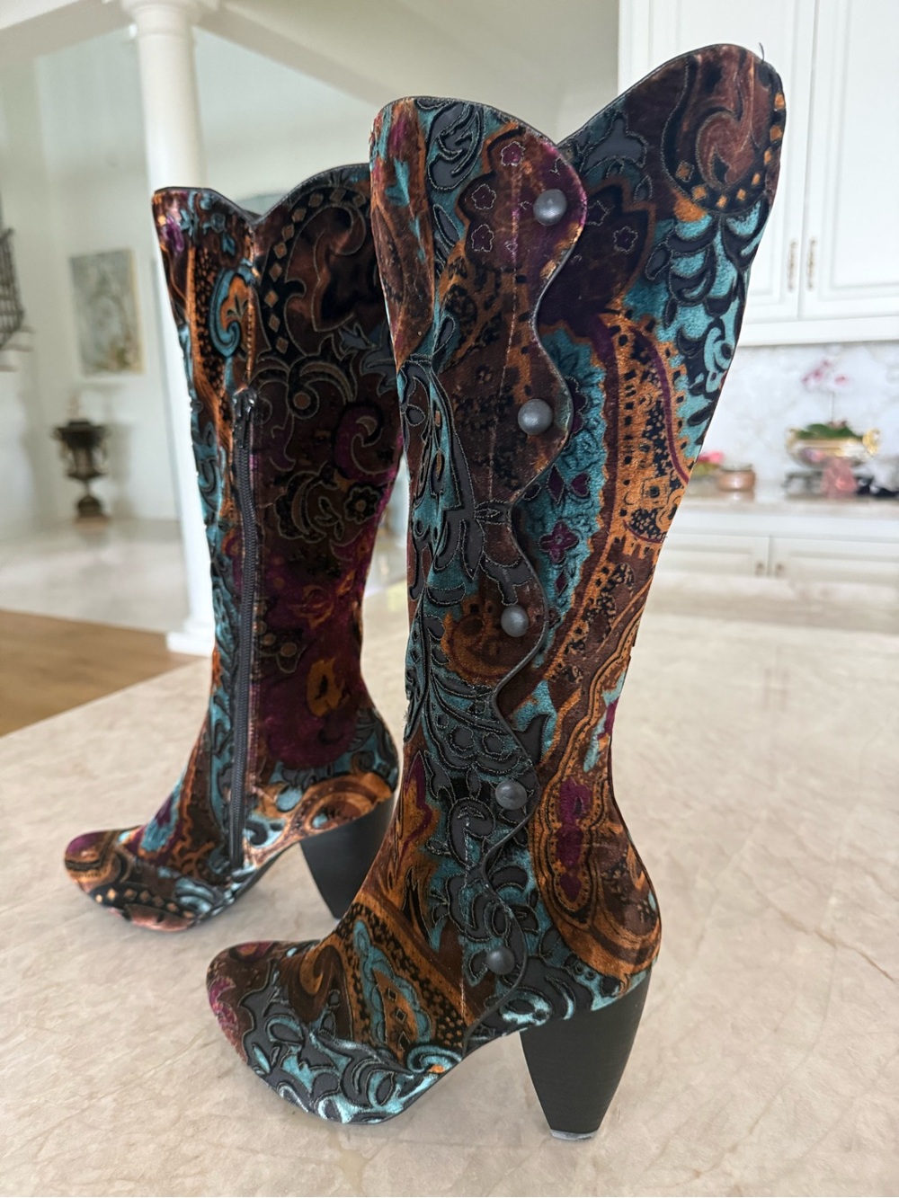 Born Multicolor Velvet Tall Paisley Boot with Stacked Leather Heel - Picture 13 of 14